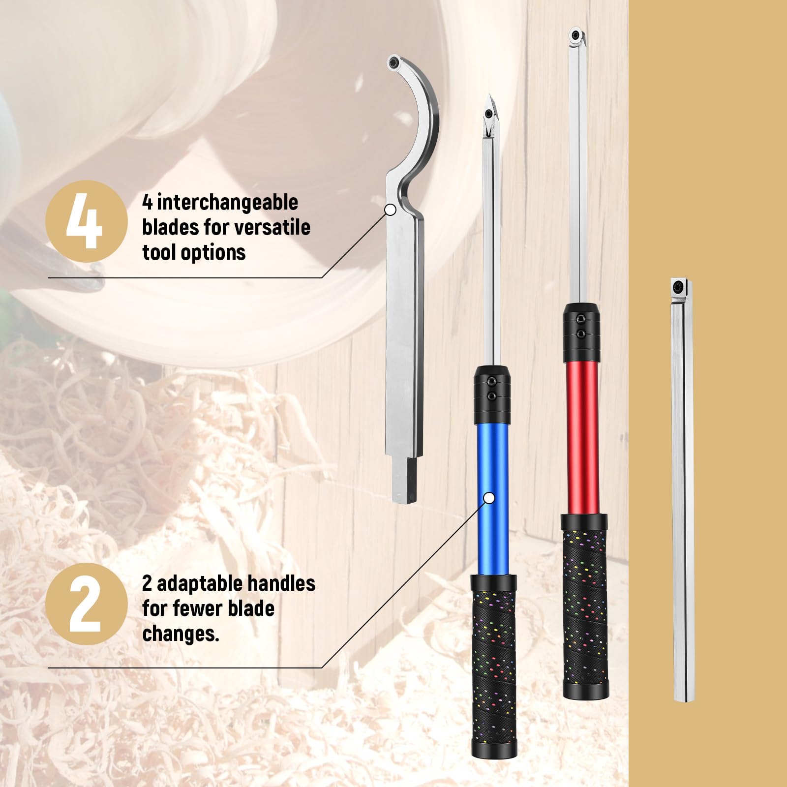 Drechseleisen Set 4 Stück, Drechselwerkzeuge für Holz mit Hartmetall-Schneidplatten, 2 Stoßfester Softgrip-Griff aus EVA und 4 Ersatzklingen, für die Skulptur auf Holz (Blau Rot)