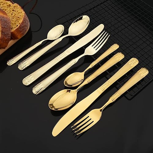 Miniatura 5 de JASHII Champagne Gold - Juego de cubiertos de acero inoxidable 304 para 4, con orejas de trigo vintage en relieve, mango plano pulido espejo, apto