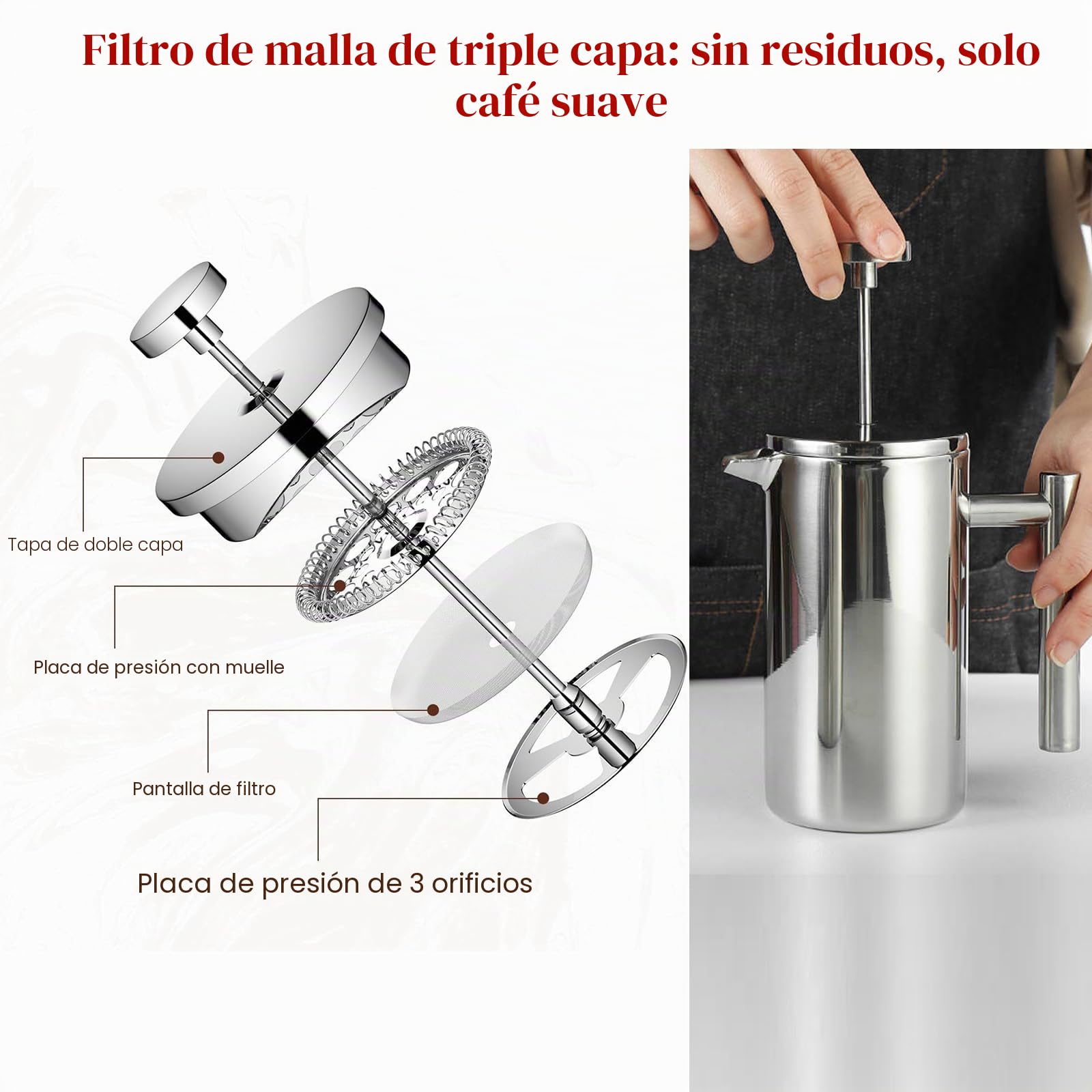 XINGYUEXUAN Acero inoxidable French Press – Prensa de café premium con función térmica – Cafetera con triple filtro, apta para lavavajillas y aislada (600 ml)