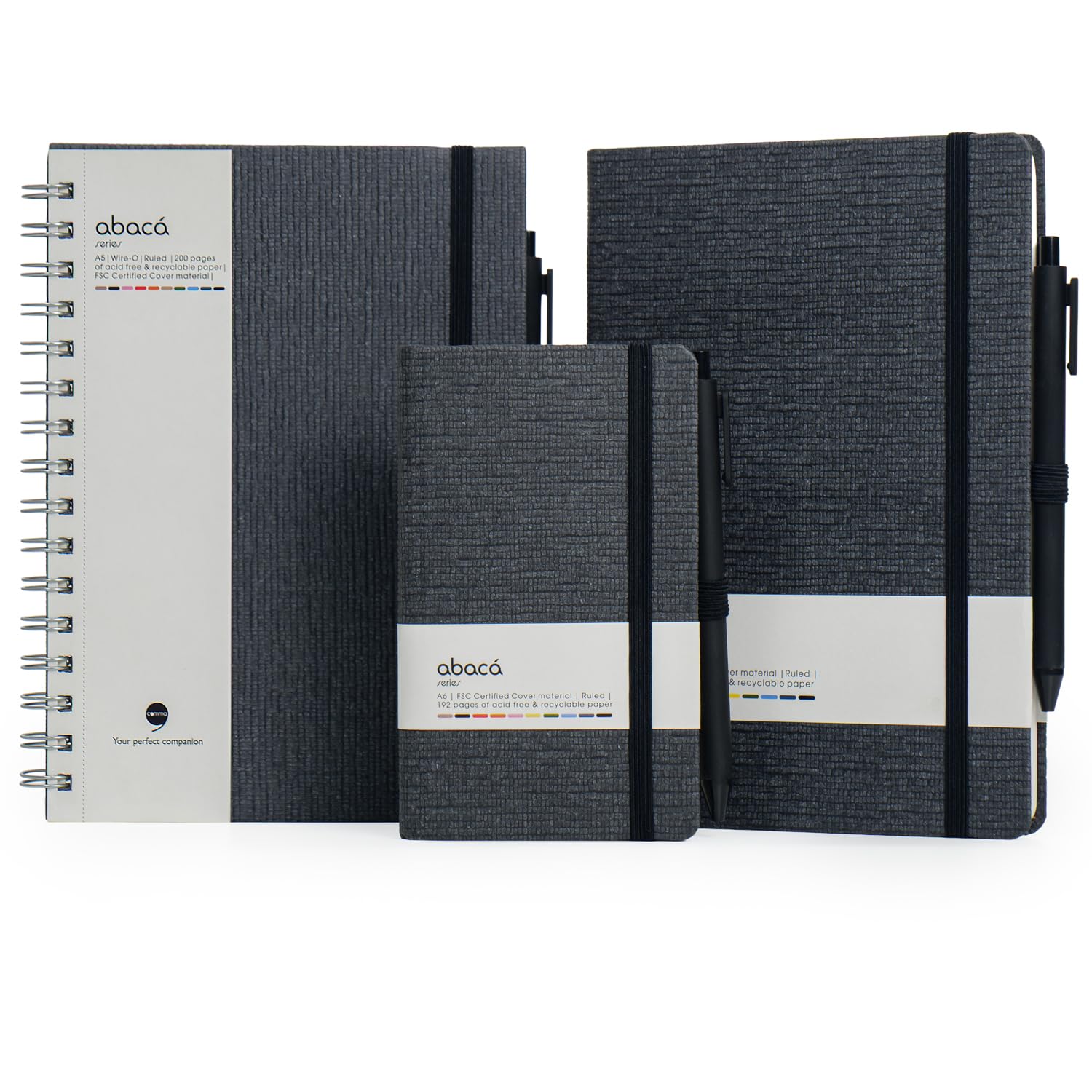 COMMA Abaca Combo - Taccuino formato A5, rilegatura a spirale formato A5 e taccuino tascabile formato A6, 192 pagine (A5 HB e A6 HB) e 200 pagine (A5 WB), carta naturale da 80 g/m², copertina