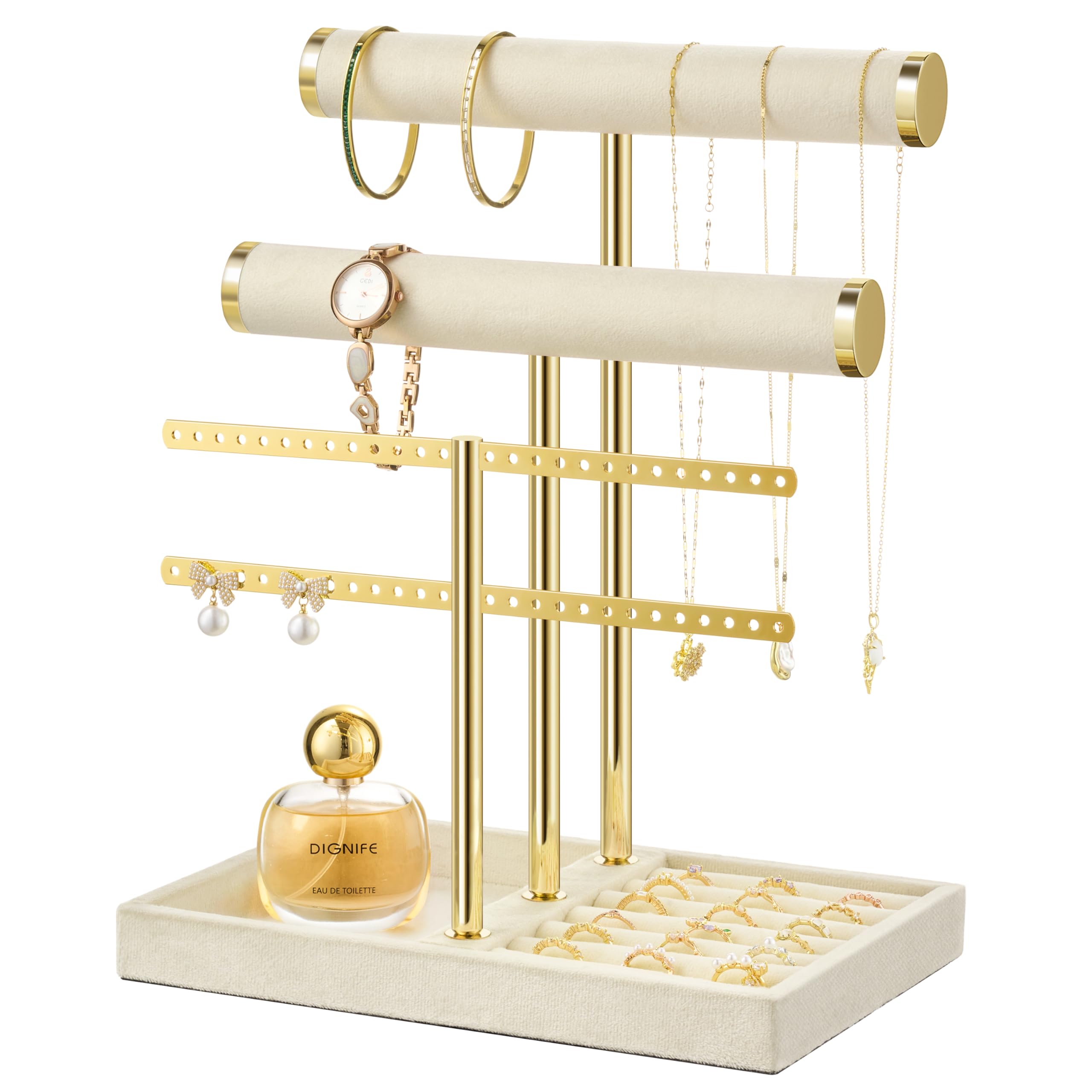 Josmimic Organizador de joyas con 3 niveles – Grande Beige Soporte para joyas pulseras de terciopelo para pulsera, collar, relojes, anillos