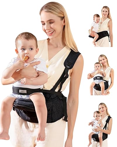 MOMTORY - Portabebés, portabebés, con correa ajustable y varios bolsillos, portabebés ergonómico para bebés y niños pequeños de hasta 50 libras
