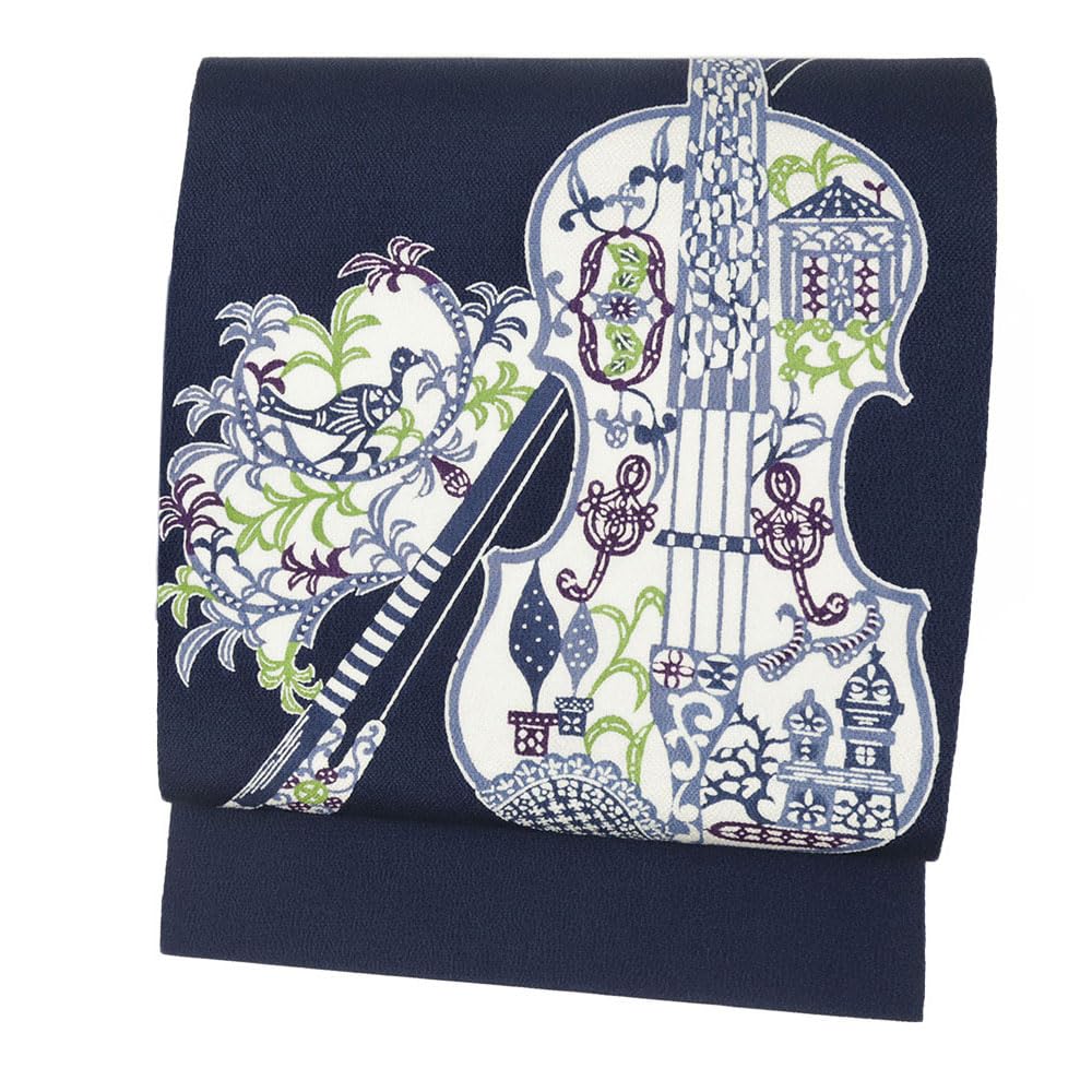 紅型 名古屋帯 栗山吉三郎 未使用 正絹 濃紺色 バイオリン 鳥 楽器 九寸 仕立て上がり カジュアル お洒落 No.6-1966