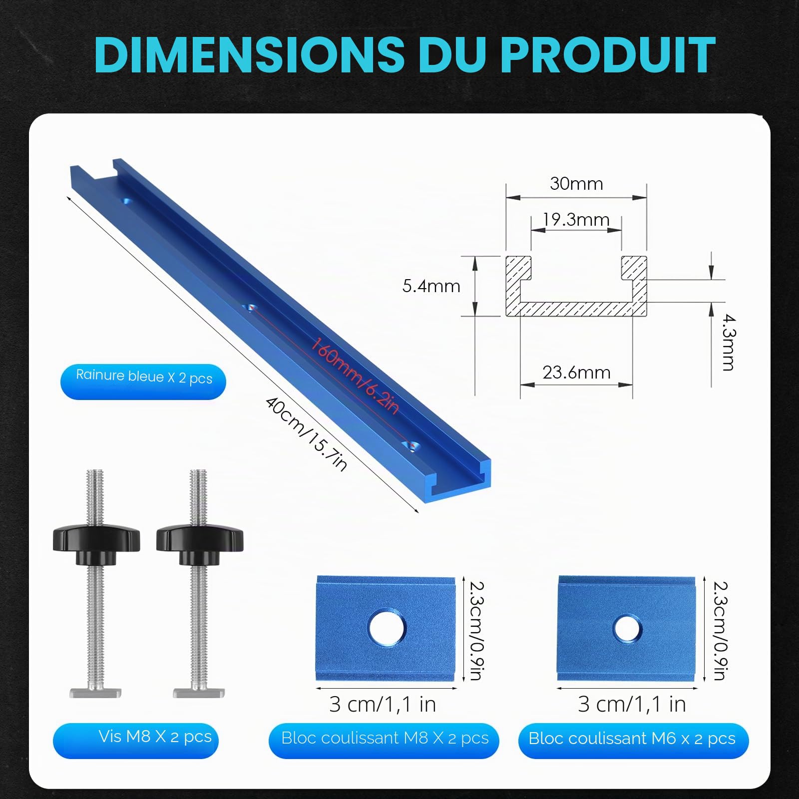 2 Rail de Guidage en T-track de 400mm, Rail en T en Aluminium, rail de montage en T avec 8 vis autotaraudeuses en aluminium, 2 poignées en plastique M8, et écrou de glissière T M8/M6