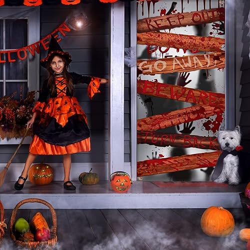 Miniatura 5 de Large Halloween Zombie Door Cover, 35X73 Inch Bloody Handprint Halloween Front Door Cover Decoration Shadowy Figure Halloween Poster Scary Haunted