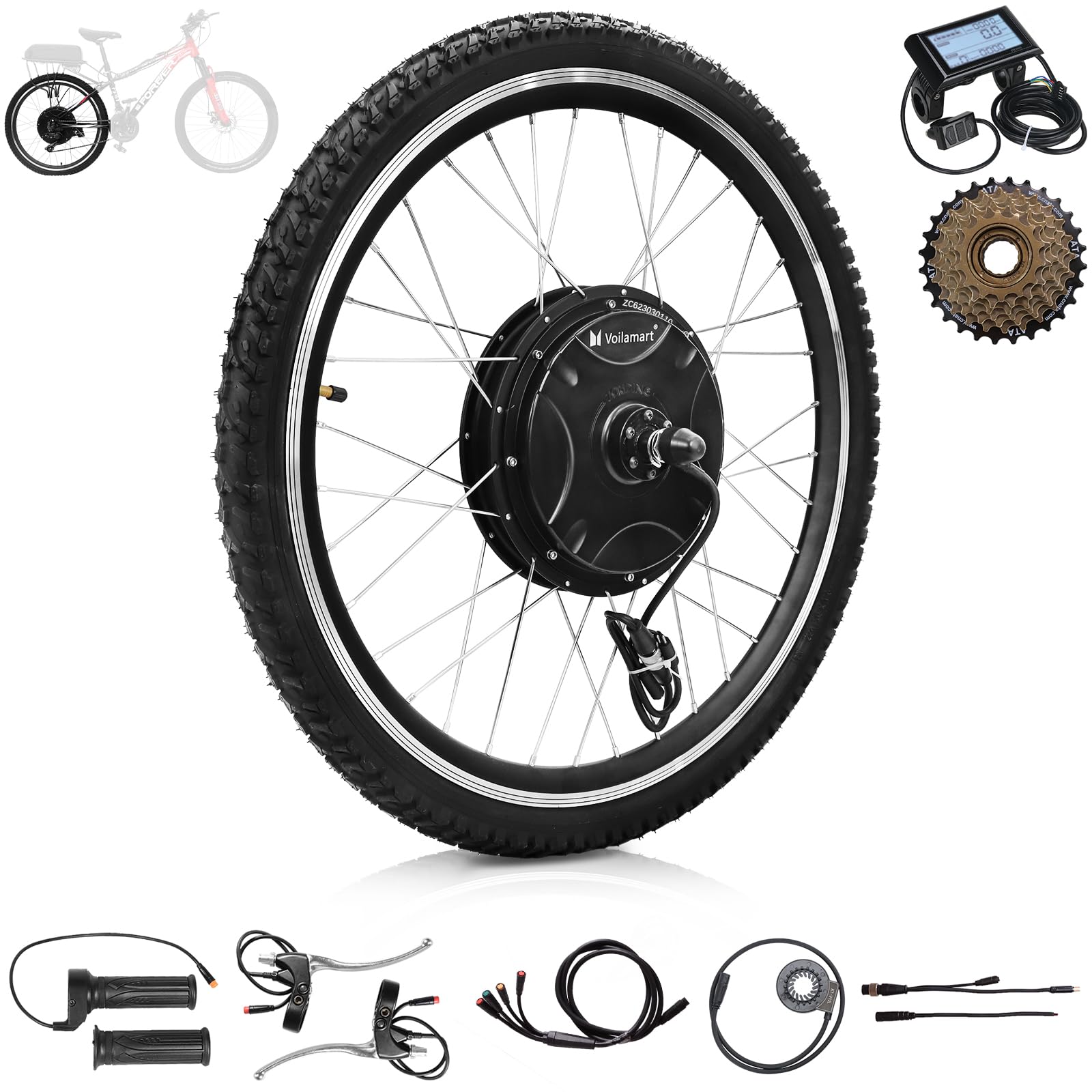 Voilamart 26" Waterproof Ebike Conversion Kit 48V 1500W LCD Display E-Bike 135MM Rear Hub Motor Wheel Built-in Controller Electric Bike Conversion Kit 750W Restricted (135mm Dropout Rear Wheel Kit)
