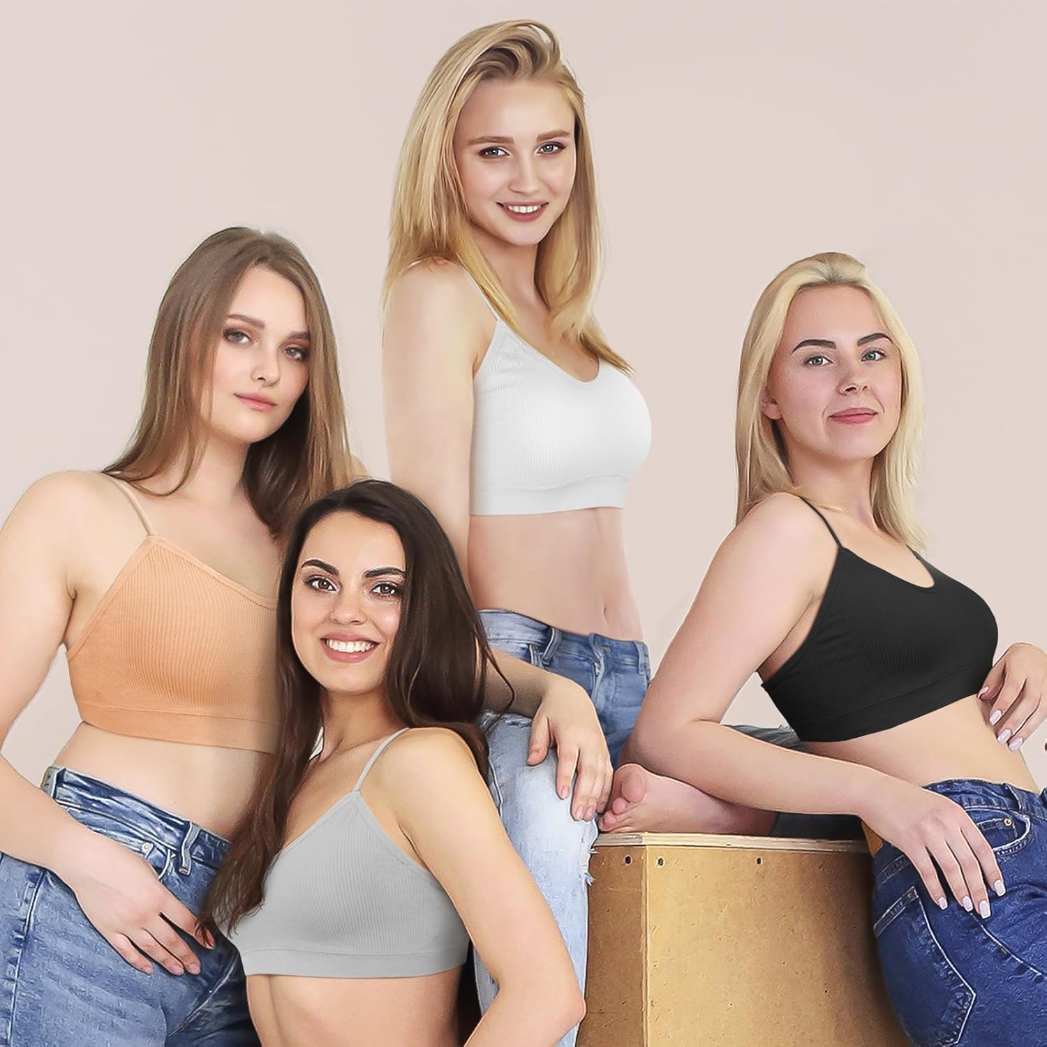 KCDDUMK 4 Pieces Cami Bras - Women's V-Neck Padded Seamless Straps Bralette Everyday Basic Sleeping Bra - Image 5