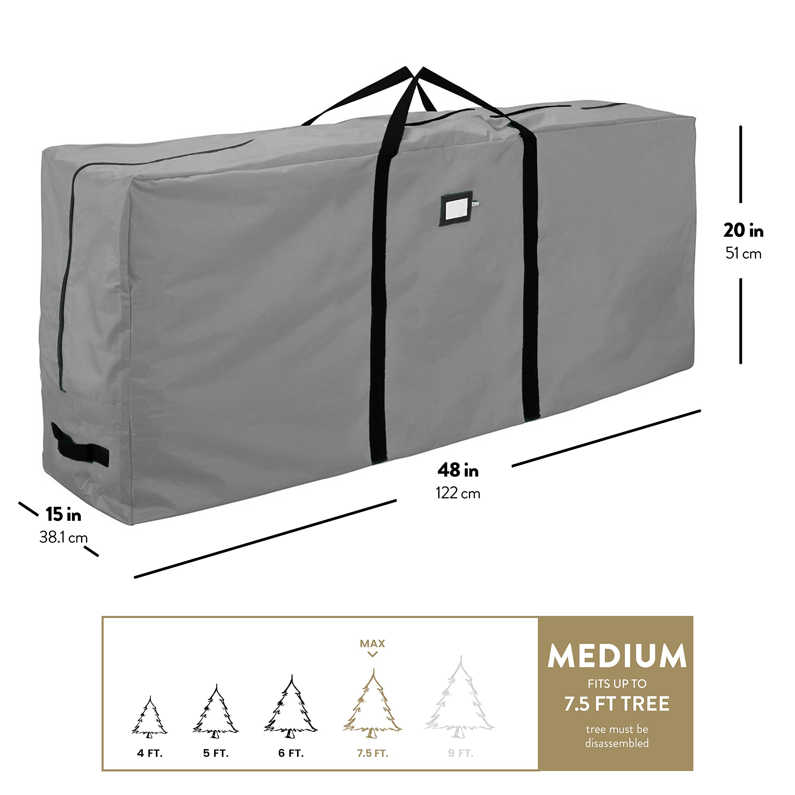 ZOBER Sac de rangement pour sapin de Noël – Polyester 600D de qualité supérieure pour arbres de Noël jusqu'à 2,1 m de haut avec fermeture éclair haute performance 121,9 x 38,1 x 50,8 cm (gris)