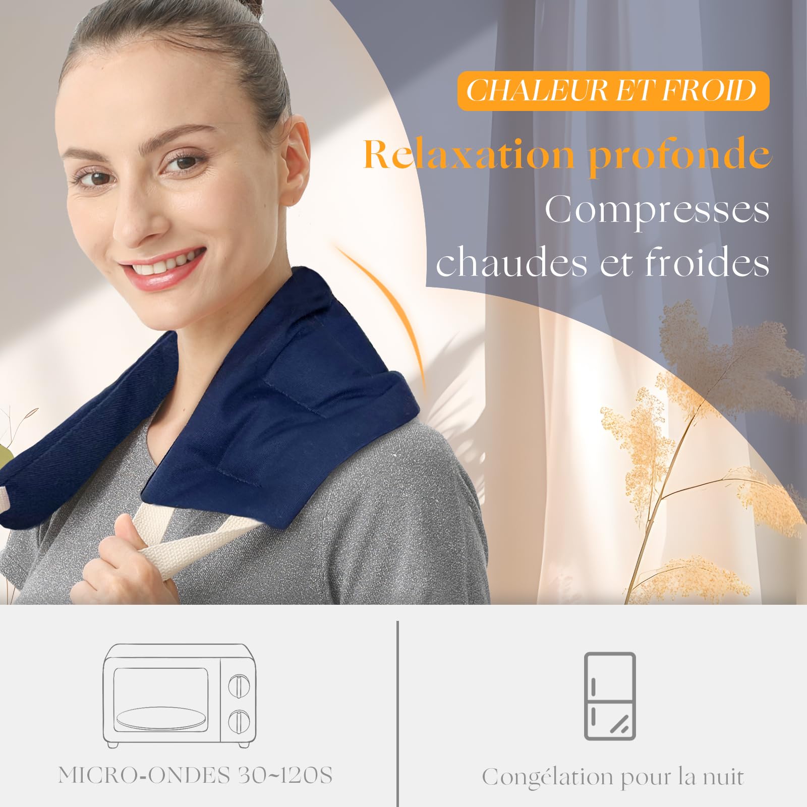 uncn Longue Coussin Chauffant du cou Cervicales Micro Onde, Bouillotte Micro-Onde, graine de lin,noyaux cerises,grande poche chauffante nuque epaule et dos,ventre