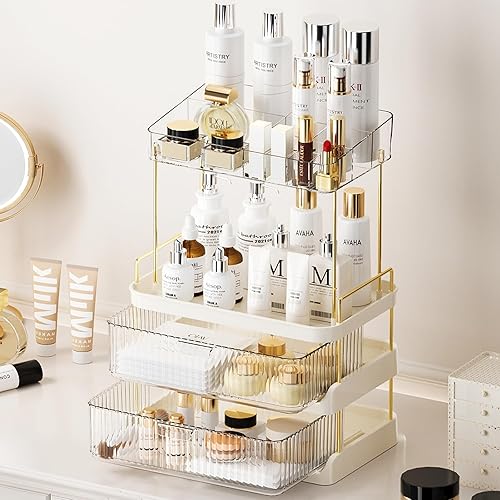 Organizador de maquillaje para tocador, organizador de cuidado de la piel de gran capacidad con cajones y soporte para lápiz labial, para