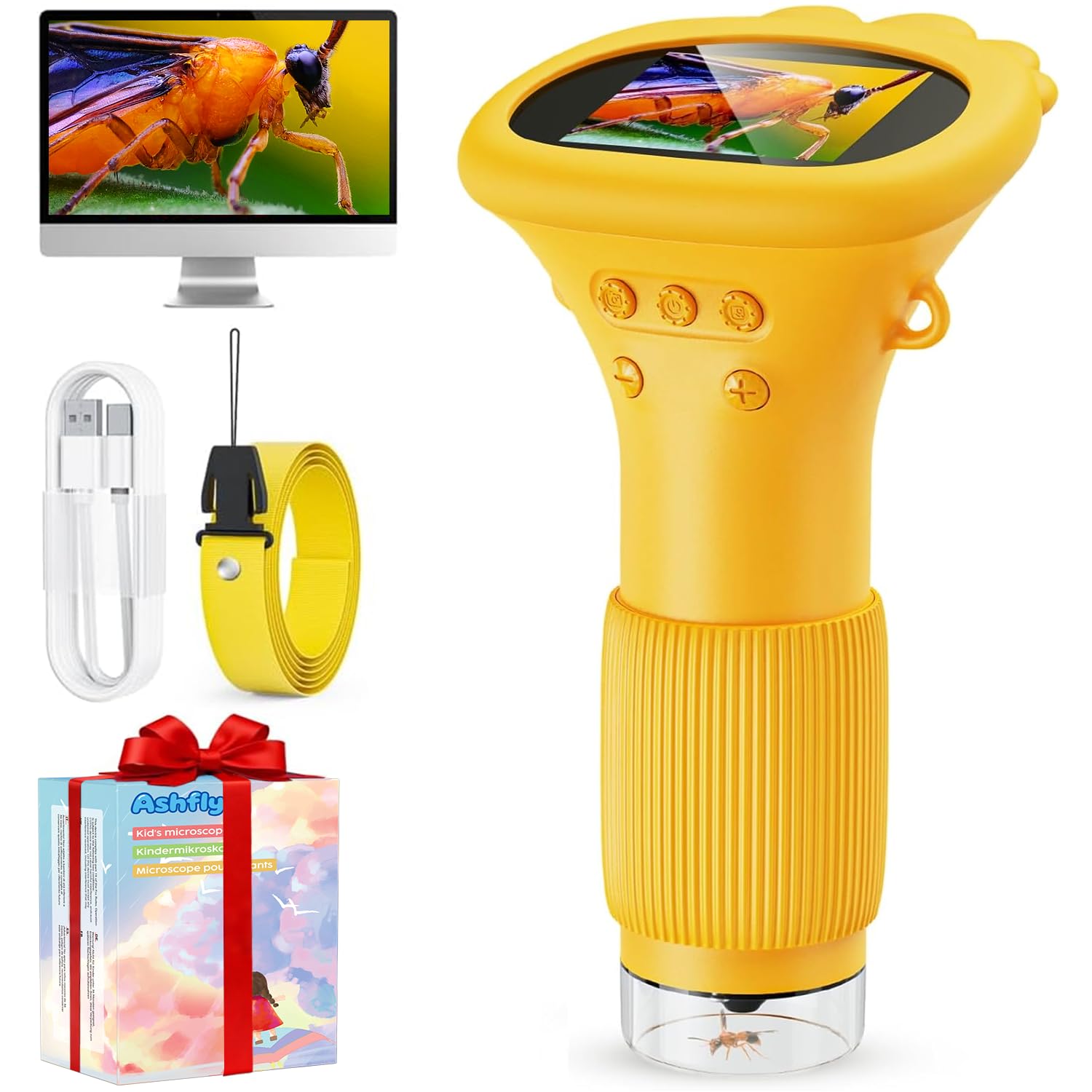 Ashfly 200X mobiele microscoop voor kinderen, draagbare zakmicroscoop, 2,0 inch IPS-scherm, USB-microscoop, LED-verlichting, aansluiting op pc, mini-microscoop voor buiten vanaf 3 jaar, oranje