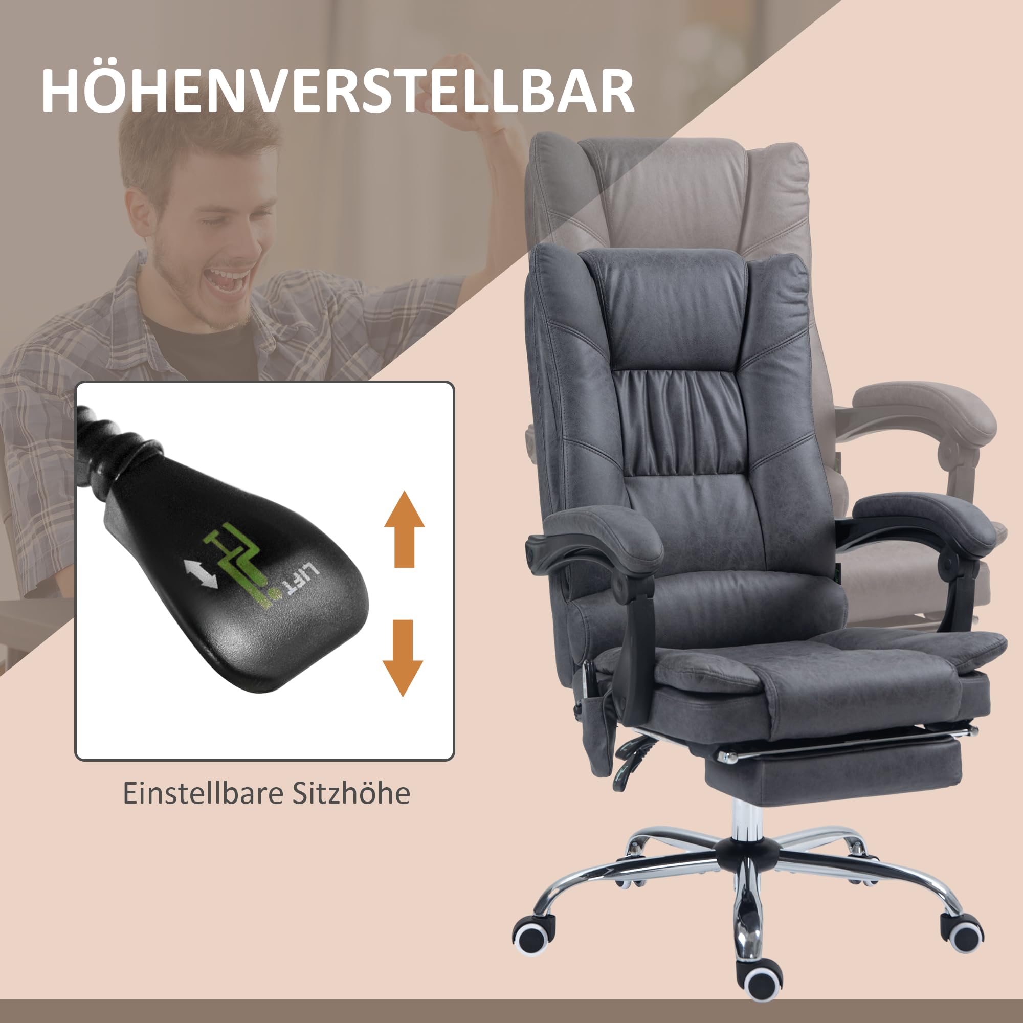 Vinsetto Bürostuhl mit Vibrationsmassage, aus Mikrofaser, Dunkelgrau | Ergonomischer Chefsessel, Lendenwärmer, Schreibtischstuhl, Liegefunktion, Fußstütze, Höhenverstellbar, mit Seitentasche