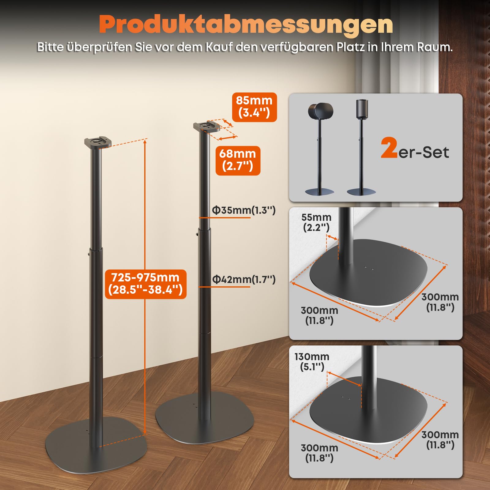 Höhenverstellbare Lautsprecherständer Kompatibel mit SONOS Era 100 SL, Era 100 und Era 300 - Bodenständer 74-99 cm, Max. Belastung 5 kg pro Ständer, 1 Paar, Schwarz