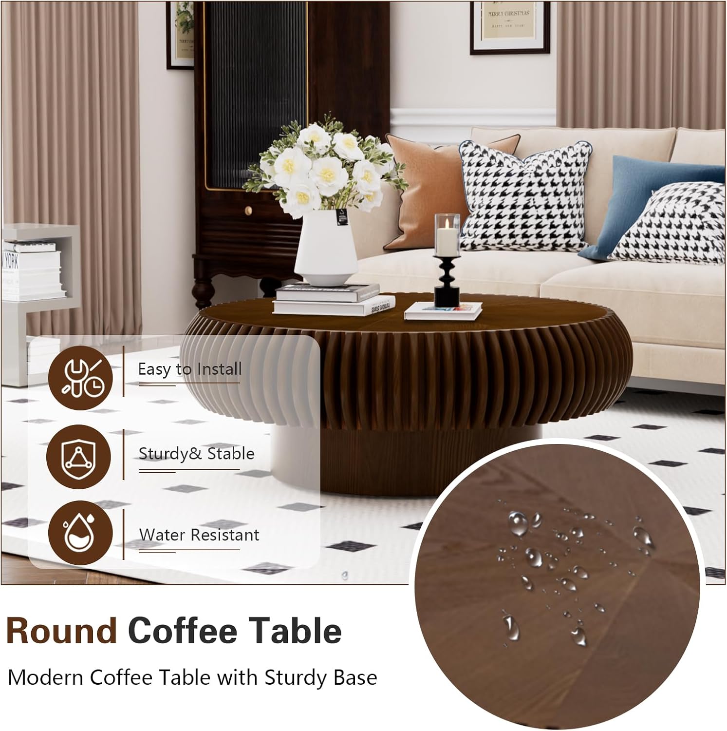 Round Drum Coffee Table Modern Unique Circle Drum Coffee Tables Mid Century Coffee Table with Sturdy Pedestal Fluted Tea Table for Living Room Office Small Space (31.5in Walnut)