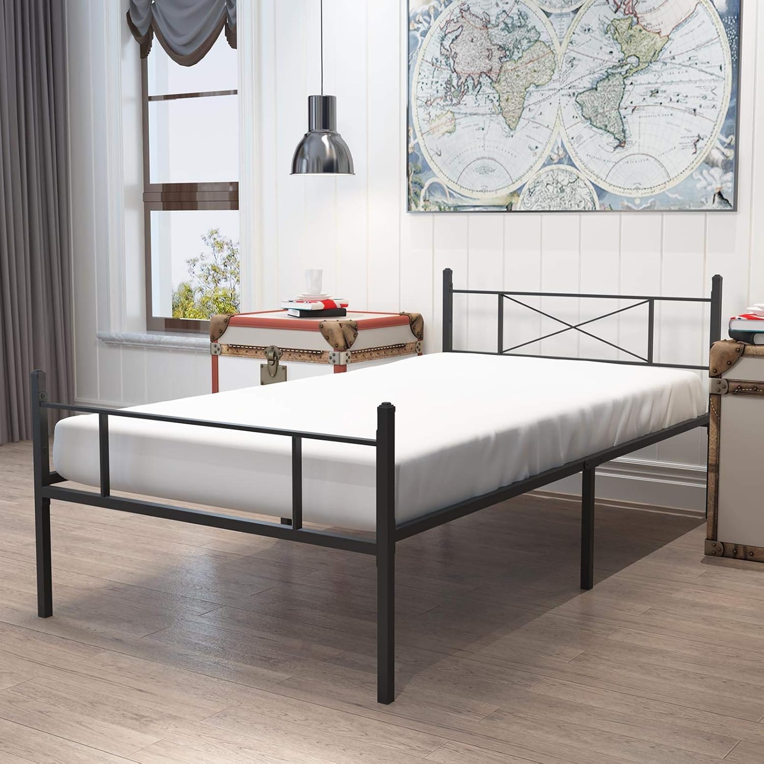 HAAGEEP Twin Bed Frame with Headboard and Footboard Black Single Platform Bedframe with Storage No Box Spring Needed for Boys Girls