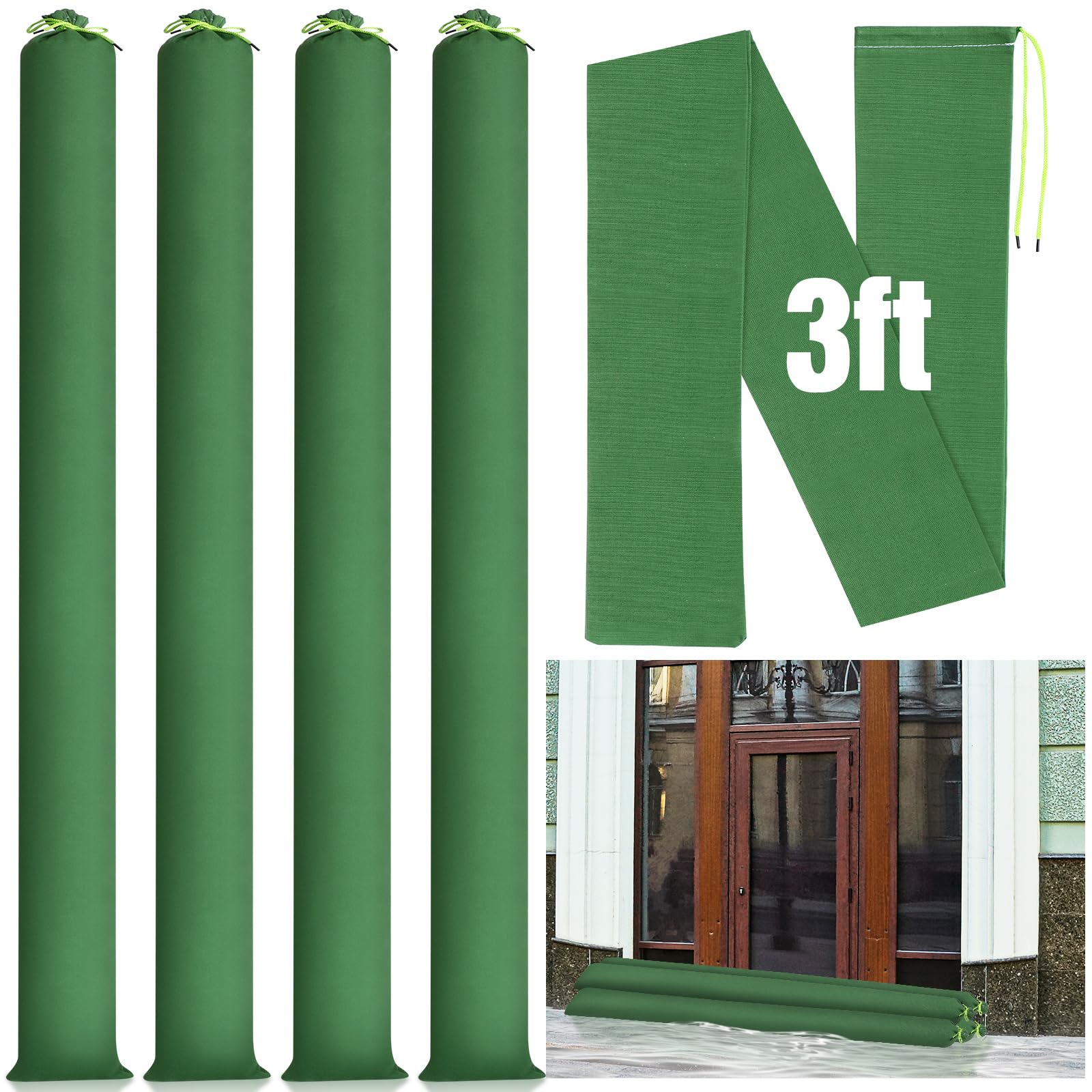 4 Pcs Long Canvas Sandbags Flood Protection Thickened Reusable Sand Bags Rain Wind Flood Barrier with Elastic Band Water Barrier Tube Sandbags for Door Window Rain Water Flood Control, Green (3 ft)-image-15