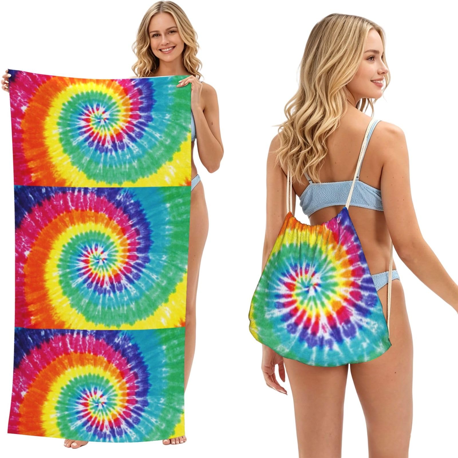 Poadnly As Picture Rainbow Tie Dye Print, 2 In 1 Packable Towel Bag, Beach Towels With Drawstring Backpack For Travel Holiday Camping