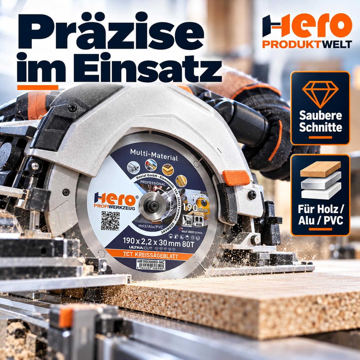 HERO - Lama per sega circolare, 190 x 30 mm, 80 denti, in metallo duro TCT multimateriale, per legno, laminato, alluminio, PVC e metalli non ferrosi, taglio fine di precisione