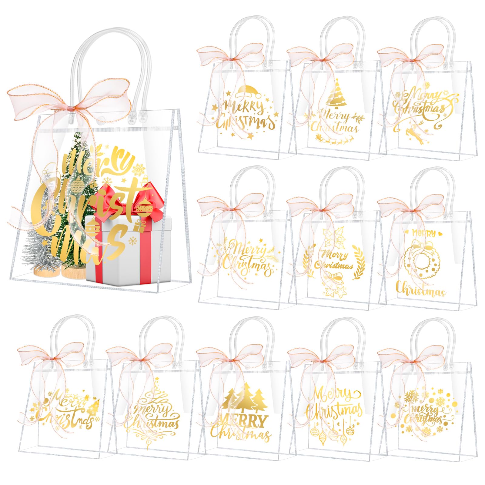 Paterr 60 Pcs Christmas Clear Gift Bags with Bow Ribbon Xmas PVC Party Favor Bags Reusable Gift Wrap Tote Bags with Handles Golden Prints Candy Bags for Xmas Presents Baby Shower (9.84 x 9.84 x 3.54)