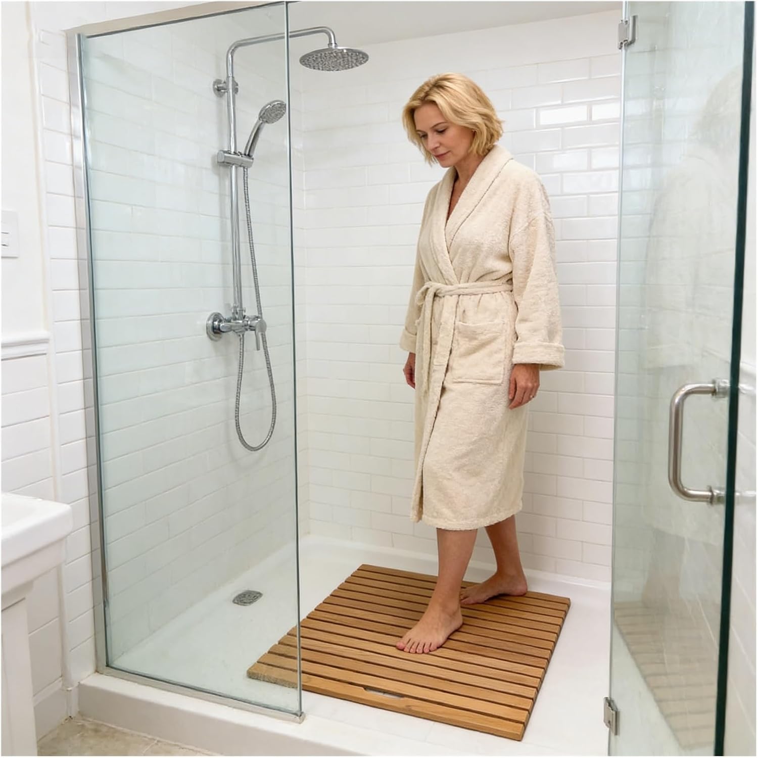 Waterproof Teak Wood Shower matt for Bathroom Floor 45x33.5 47" 27 40x30 32x34in 36 x36 30 x 30 32 x 18 inch 30 inch x 42 inch, Square Rectangle Non Slip Slat Bath mats, no Assembly(18x24in)
