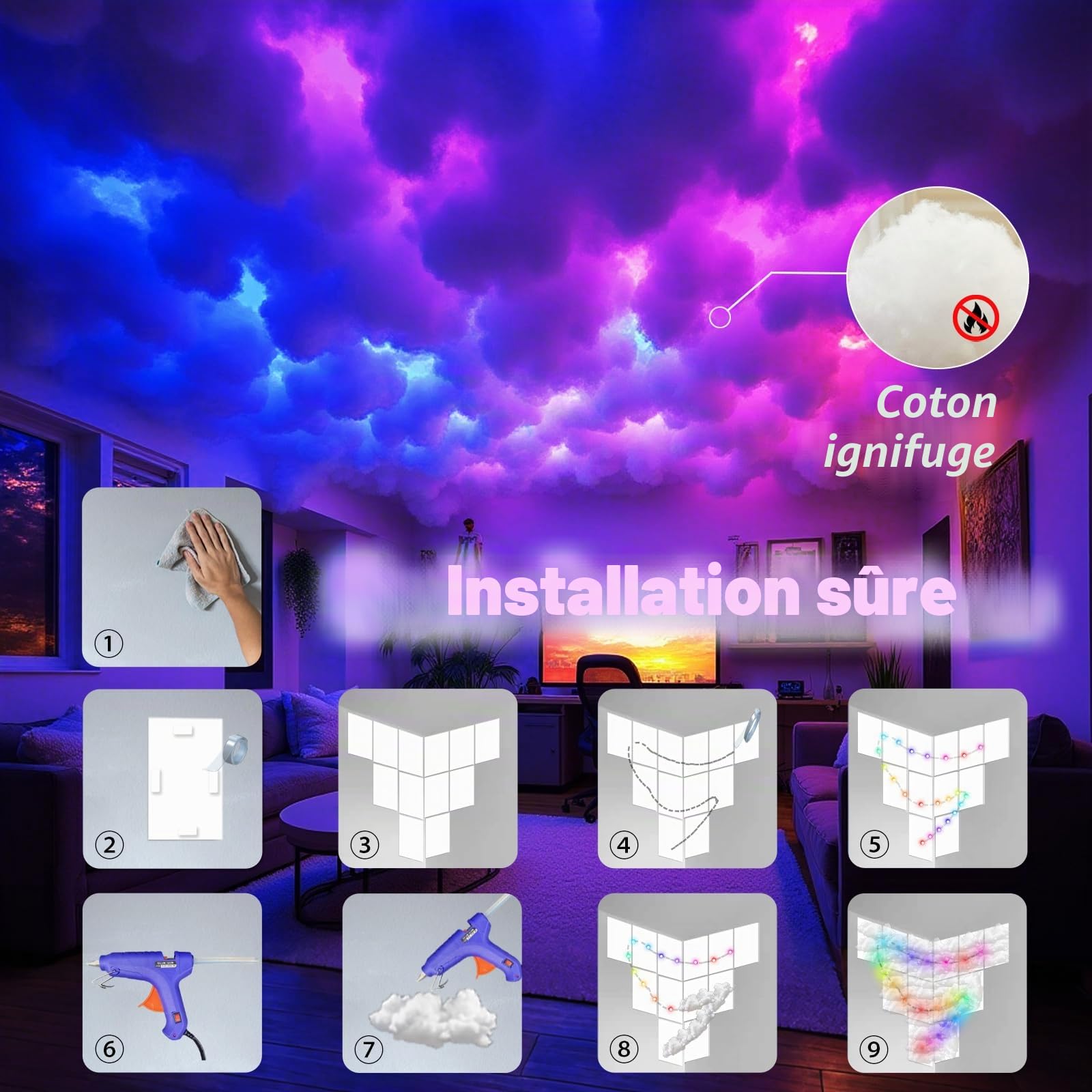 Couverture nuageuse LED en coton RGB IC 3D 5m avec application et télécommande