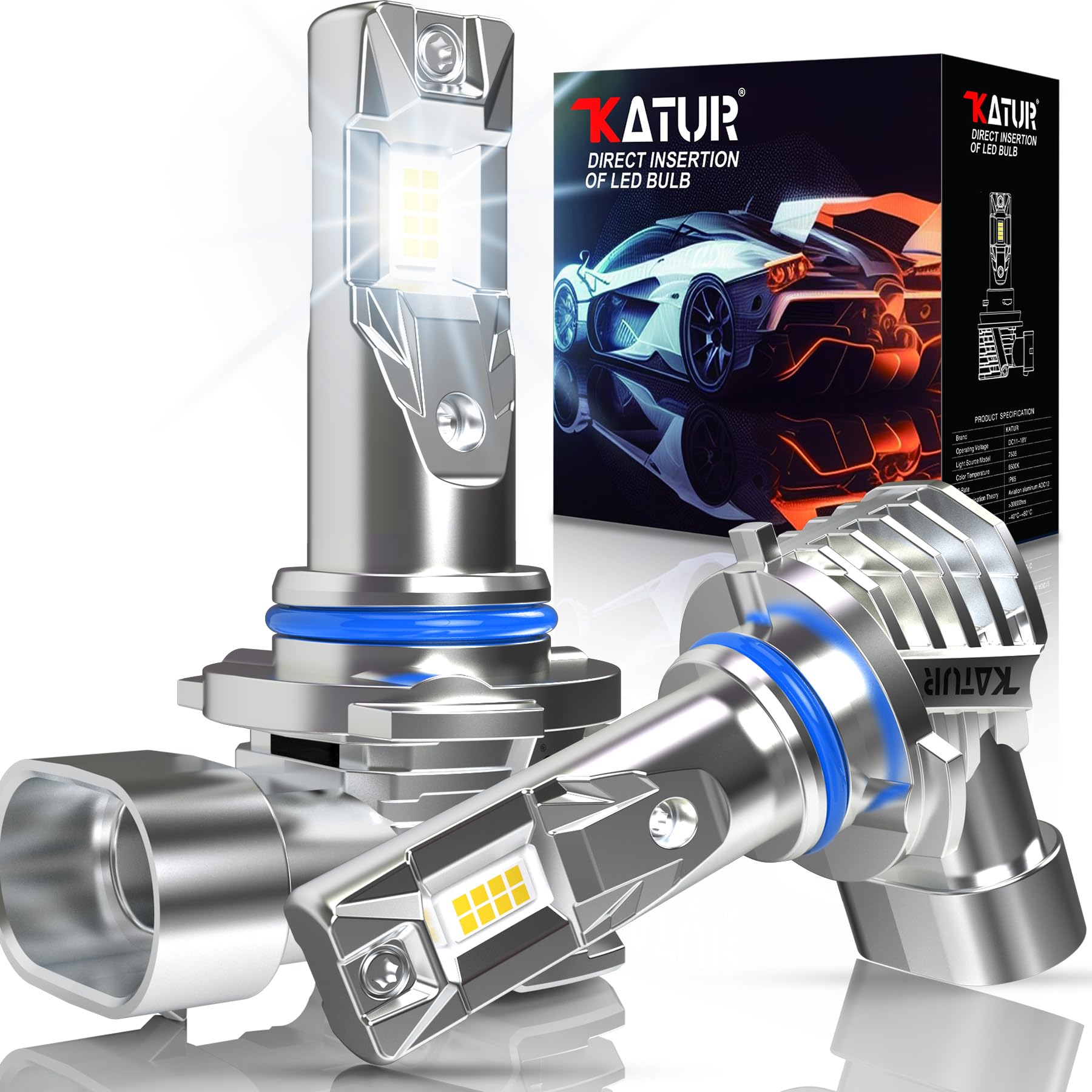 KATUR HIR2 LED Headlight Bulbs, 9012 LED Bulb 28000LM 80W 6000K White 500% Brightness Fanless Waterproof Mini Size Plug and Play, Pack of 2