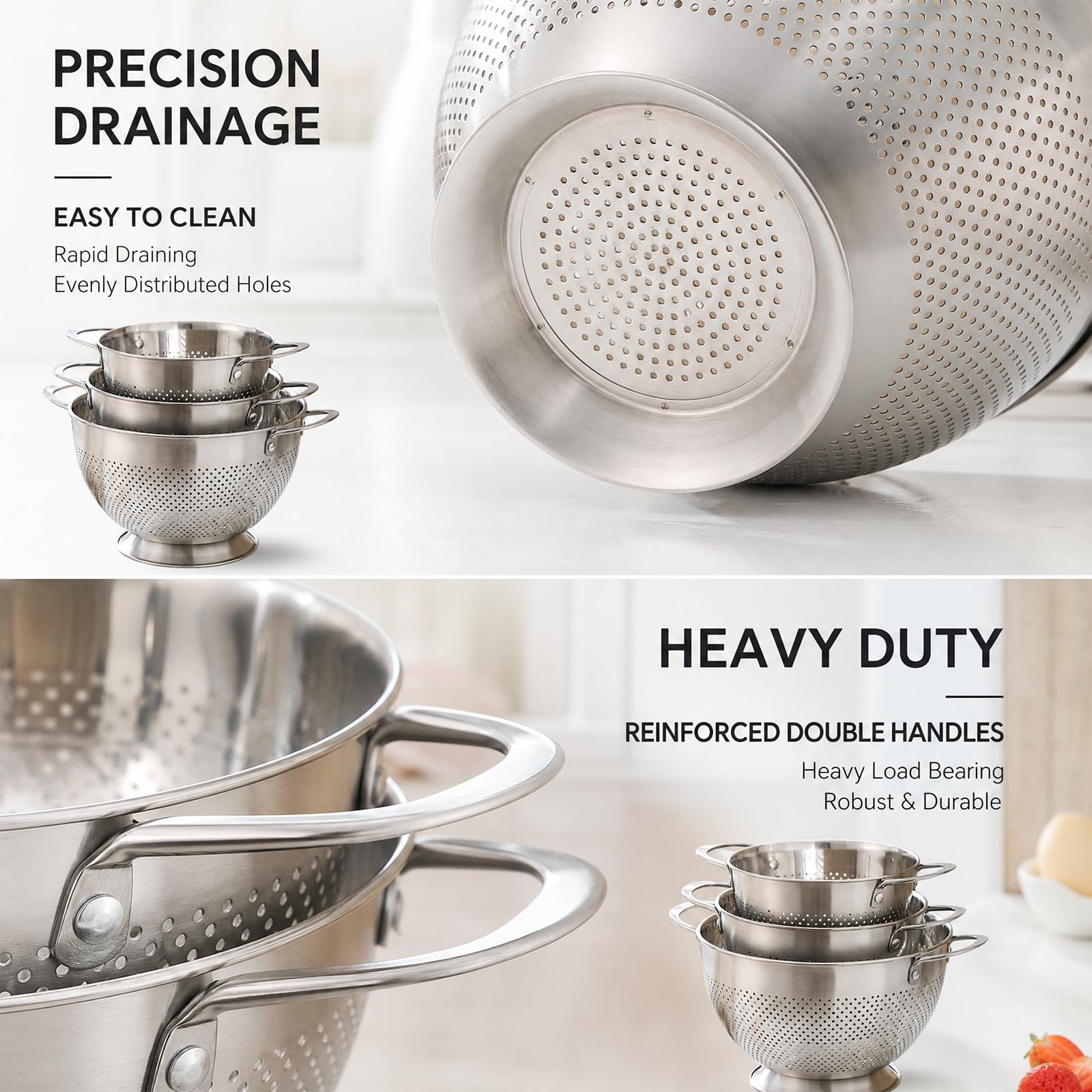 Set di 3 colini da cucina in acciaio inox, con manico e base
