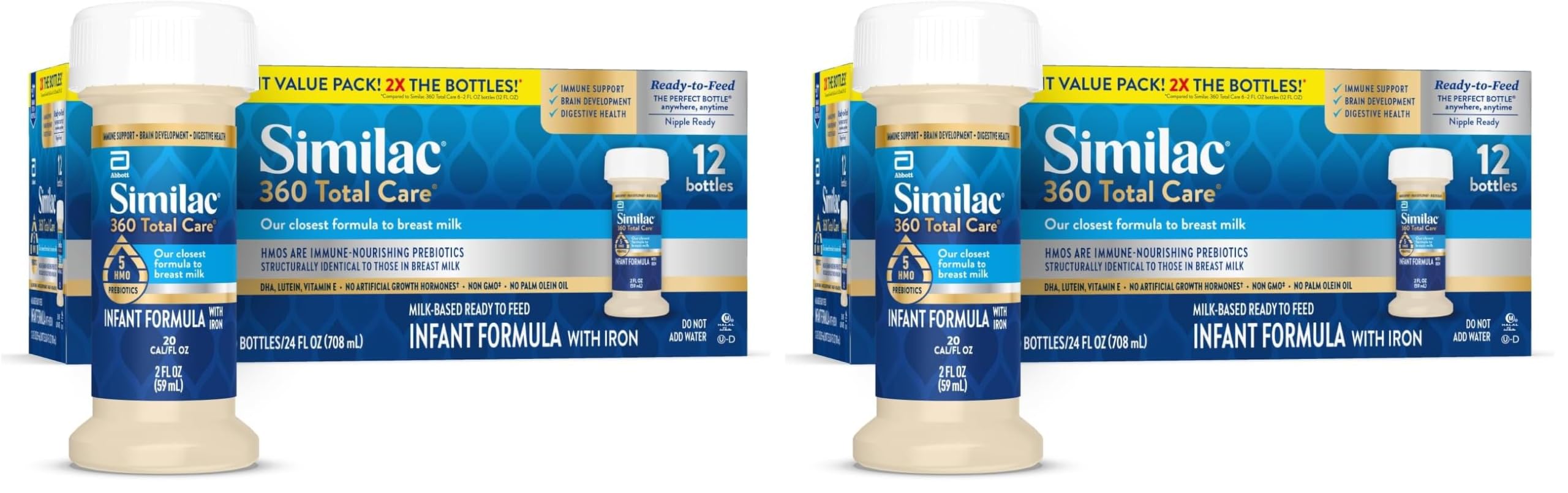 Similac 360 Total Care Infant Formula, Has 5 HMO Prebiotics, Our Closest Prebiotic Blend to Breast Milk, Non-GMO, Baby Formula, Ready to Feed, 2-fl-oz Bottle, (Pack of 24)