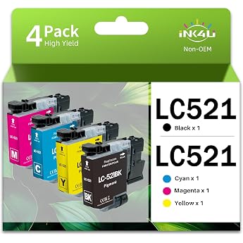 INK4U LC521 Cartridges Compatible with Brother Ink Cartridges LC521VAL Compatible with Brother DCP-J1260W DCP-J1310DW DCP-J1313DW DCP-J1360DW DCP-J1460DW Printer LC521BK LC521C LC521M LC521Y
