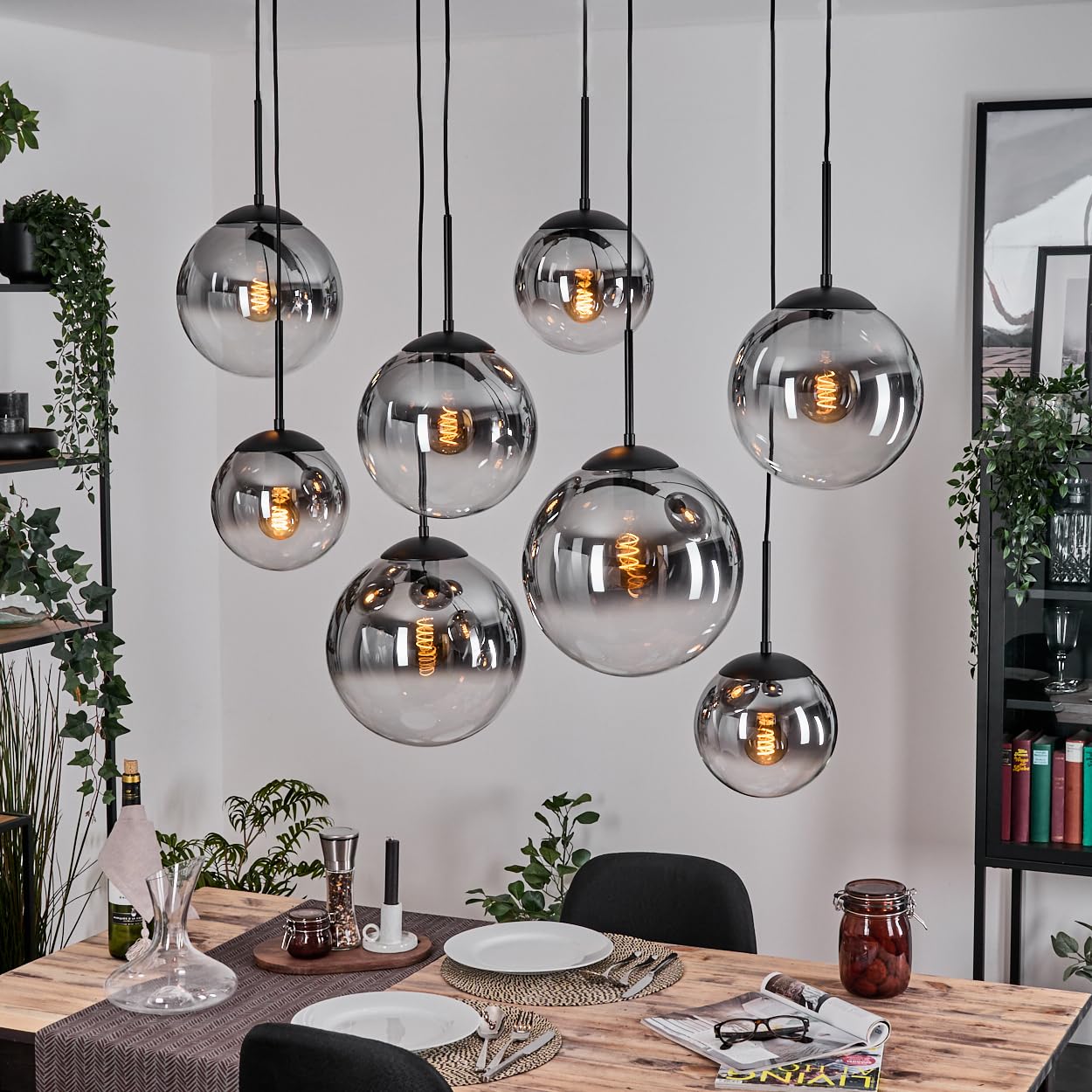 HOFSTEIN Gastor Pendant lamp, 8-Burner Metal/Glass Pendant lamp in Black/Smoke/Clear, Pendant lamp in Retro/Vintage Design (Shades Ø 20; 25; 30 cm), E27, Dining Room, Living Room, Kitchen, Hallway