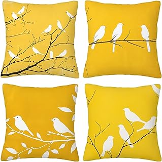 Amarillo Pájaro simple Fundas de Cojines Decorativas Cuadradas de Lino, 45x45cm con Cremallera Oculta para Sofá, Oficina, Silla, Dormitorio, Jardín, Exterior Decoración del Hogar, Juego de 4. H-423