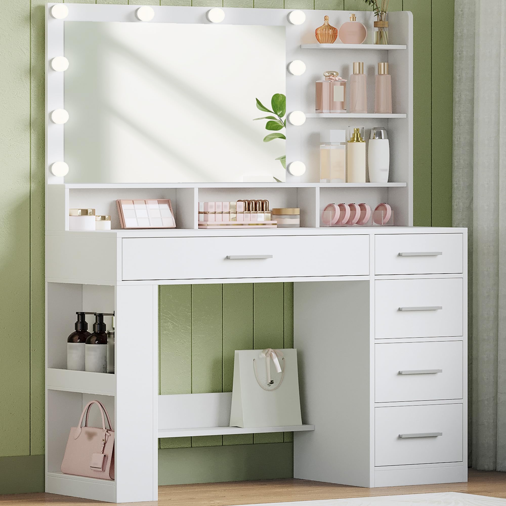 Hzuaneri 108 cm Toeletta da Trucco Grande con Illuminazione a LED, Tavolo da Trucco con Specchio, 6 scomparti aperti, 5 Cassetti e vano portaoggetti laterale aperto, Postazione Truccos, Bianco