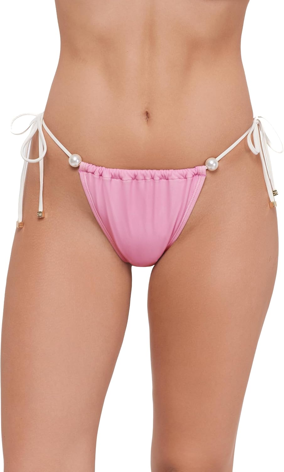 Steve Madden Womens Ruched Side Tie Tanga Bikini Bottom with Pearl Detail