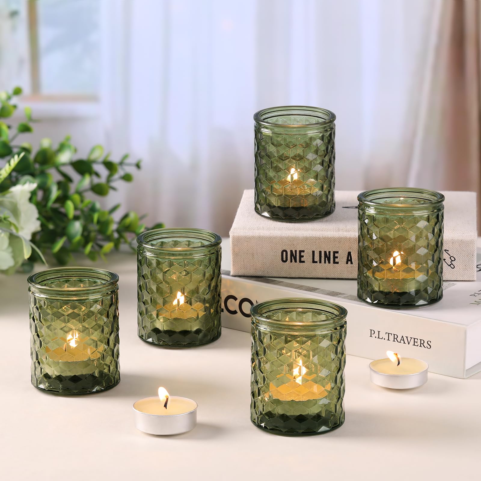 LETINE 12 Stück Teelichthalter, Glas Kerzenhalter, Langlebig und Hochwertige Grüner Teelichtgläser, 6,7 X 5,5 cm kerzengläser, Geeignet für Partys, Festivals, Hochzeiten, Heimdekoration