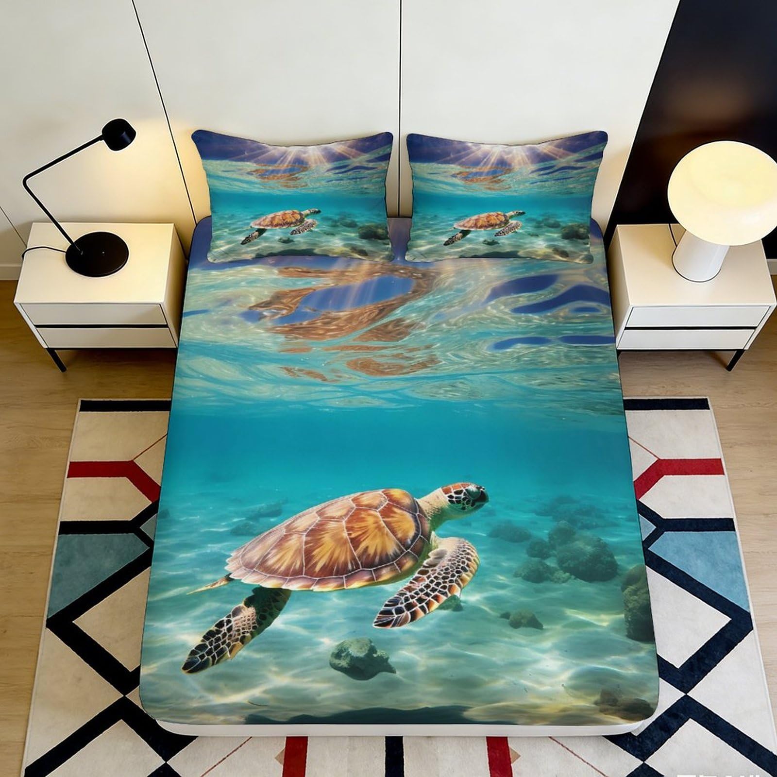 Pnayamiorkfel Style-3 3D Printed Sea Turtle Fitted Sheet Microfiber Ocean Underwater Mattress Cover For Bedroom Guest Room Decor 90X200x25cm