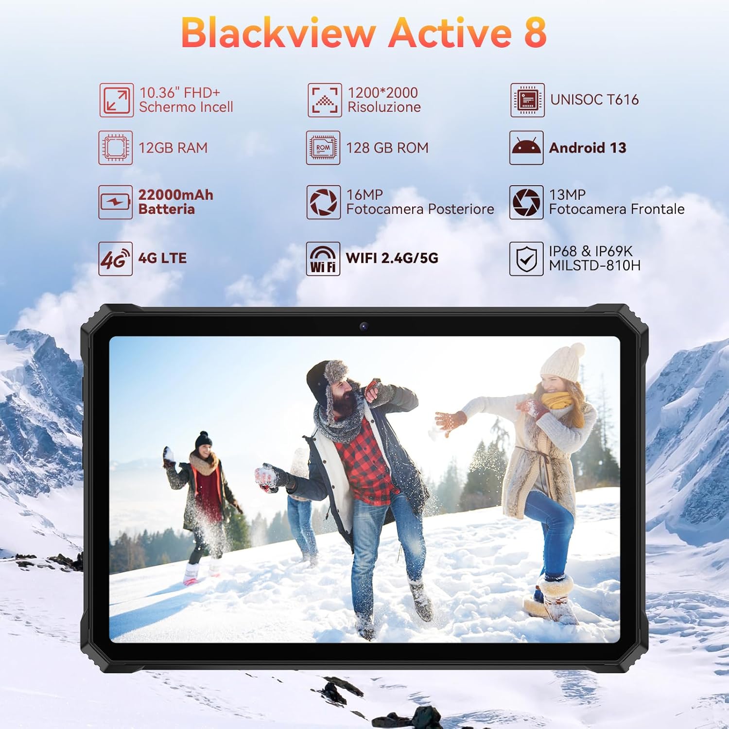 Blackview Rugged Tablet Android 13 12GB + 128GB 1TB TF Tablet Pc Robust-22000mAh Octa-Core Tablet Indistruttibile-10.36 HD+ Schermo 16MP+3MP Impermeabile IP68/69K Banda Globale Face ID Verde-grey