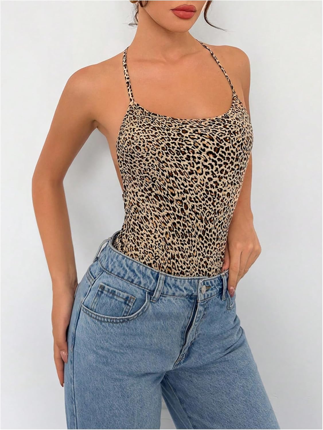 MakeMeChic Women's Leopard Print Halter Bodysuit Open Back Sleeveless Y2K Concert Top - Image 3