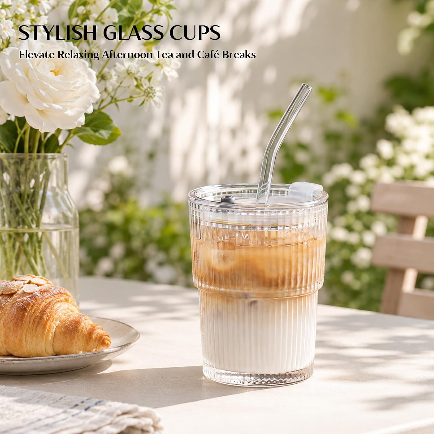 INSETLAN 13oz Glass Tumbler with Lid and Straw 4 Pack - Ribbed Glass Cup Iced Coffee Glasses, Clear Leakproof Tumbler Cup for Smoothies, Iced Latte,Matcha, Cold Drinks image 2