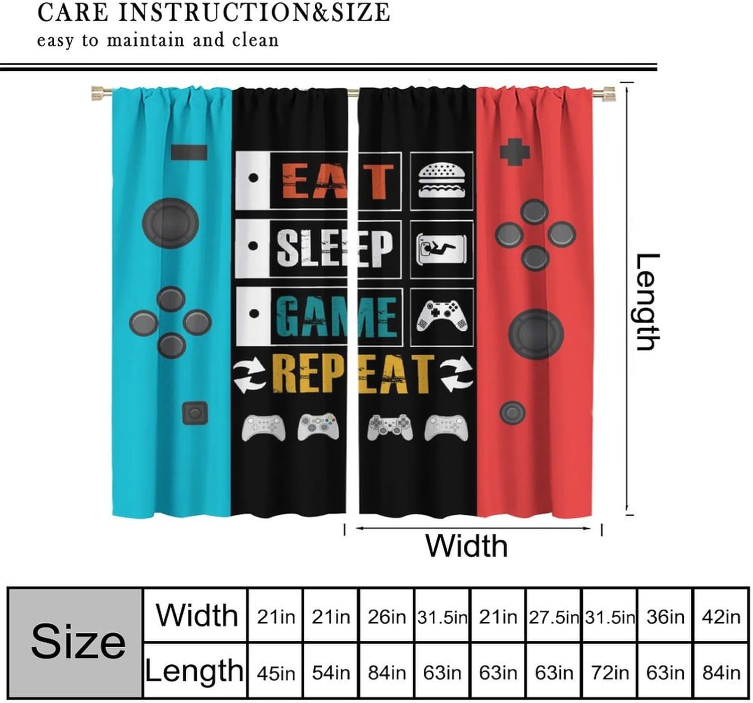Kids Vintage Game Controller Curtains for Bedroom, Gaming Gamepad Window Treatment Gamer Room Red Blue Gamepad Window Drapes for Boys Girls Teens Man Living Room Playroom W42xL45in