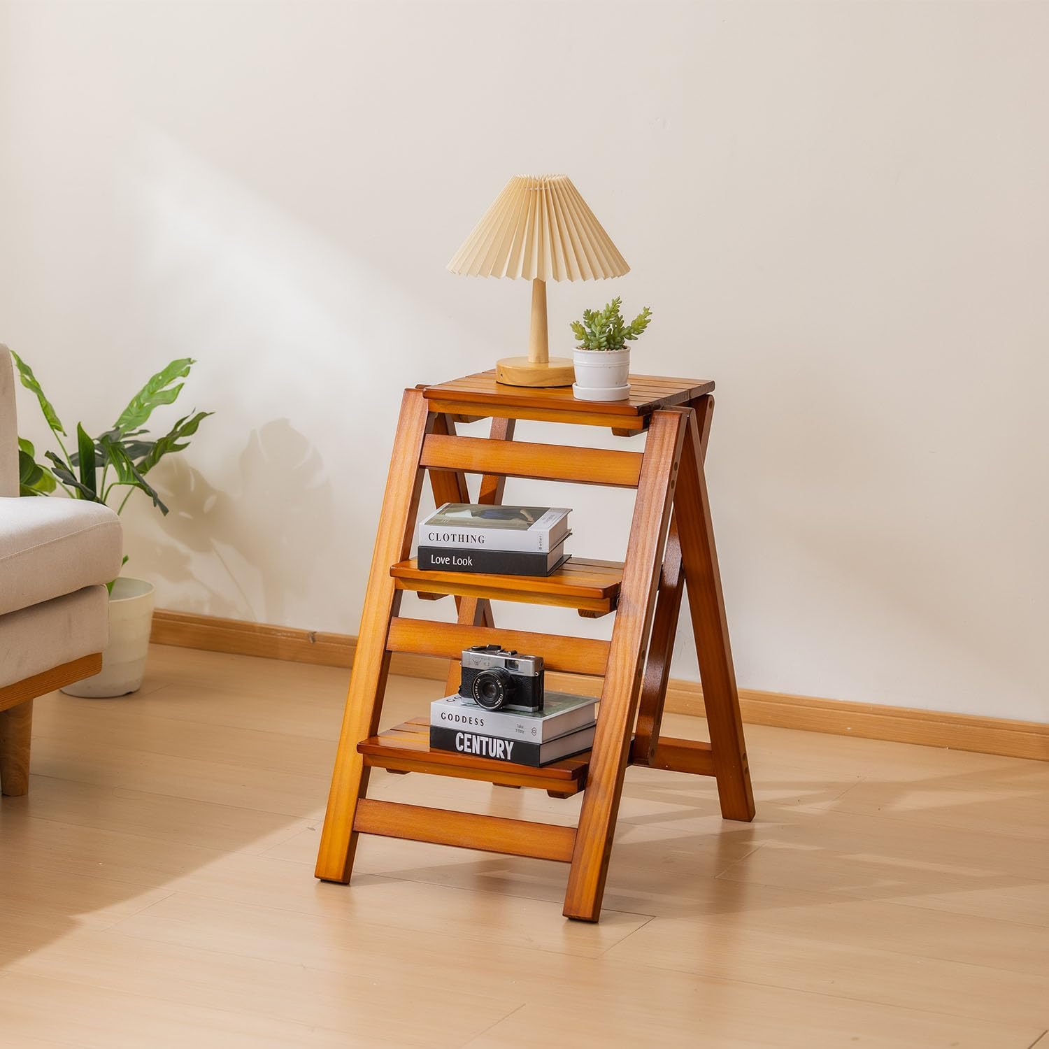 Wooden Step Stool, Foldable 3 Step Ladder, Solid Wood Ladder Stool for for Home, Kitchen & Garden Nature