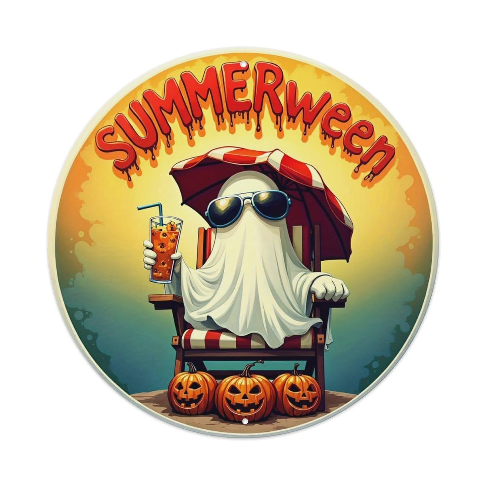 Summerween Ghost Beach Chair Vintage Metal Tin Sign Retro Wall Decor for Home Bar Garage Cafe, Indoor & Outdoor Decorative，circle Metal Poster, 8x8 Inch