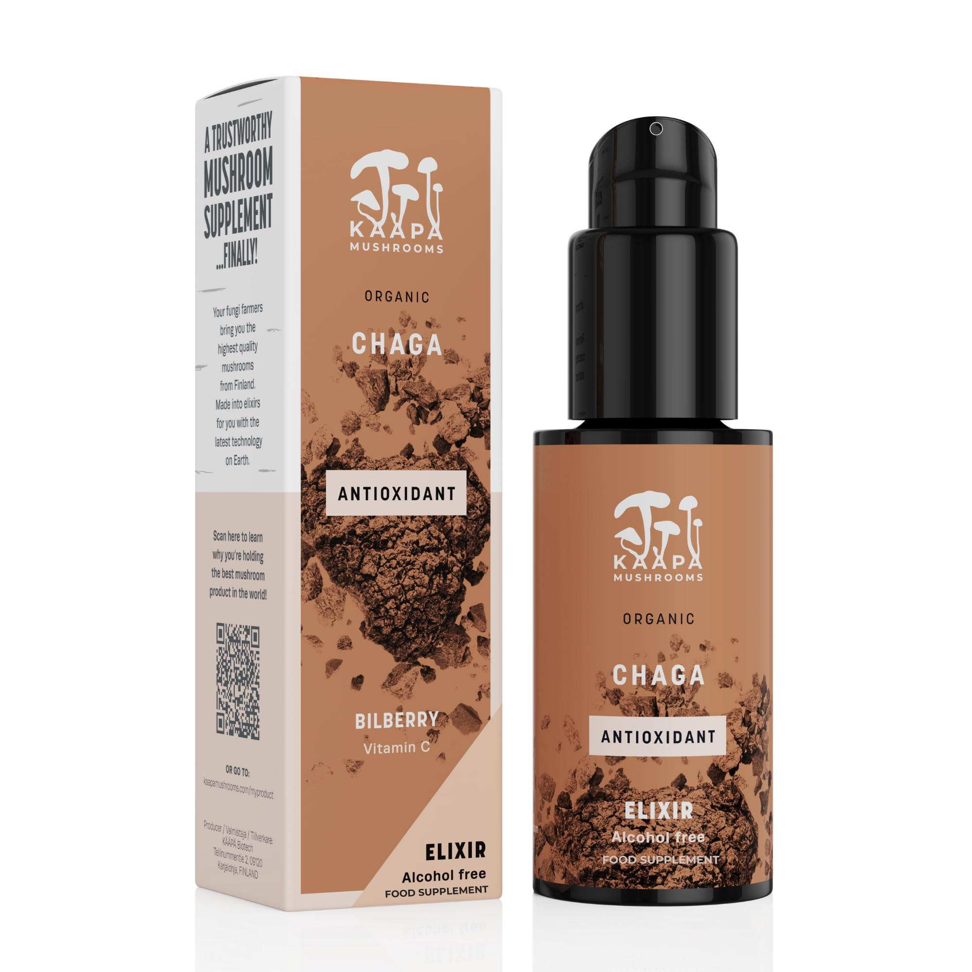 Chaga Mushroom Elixir - Potent Ultrasonic Extraction | High Potency Mushroom Supplement Rich in Antioxidants for Skin, Detox & Immunity | Grown in Finland - 50mlEU Organic