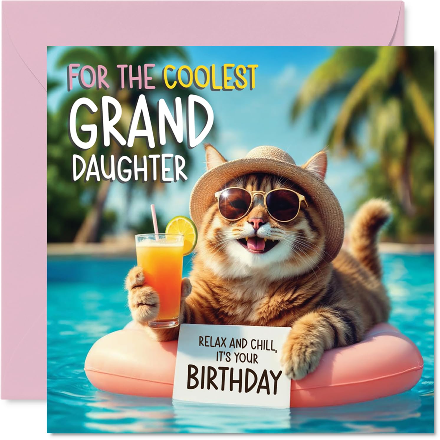 Granddaughter Birthday Card - Pool Cat - Happy Birthday Card for Granddaughter from Grandad Grandma, 145mm pool cat Bday Greeting Cards