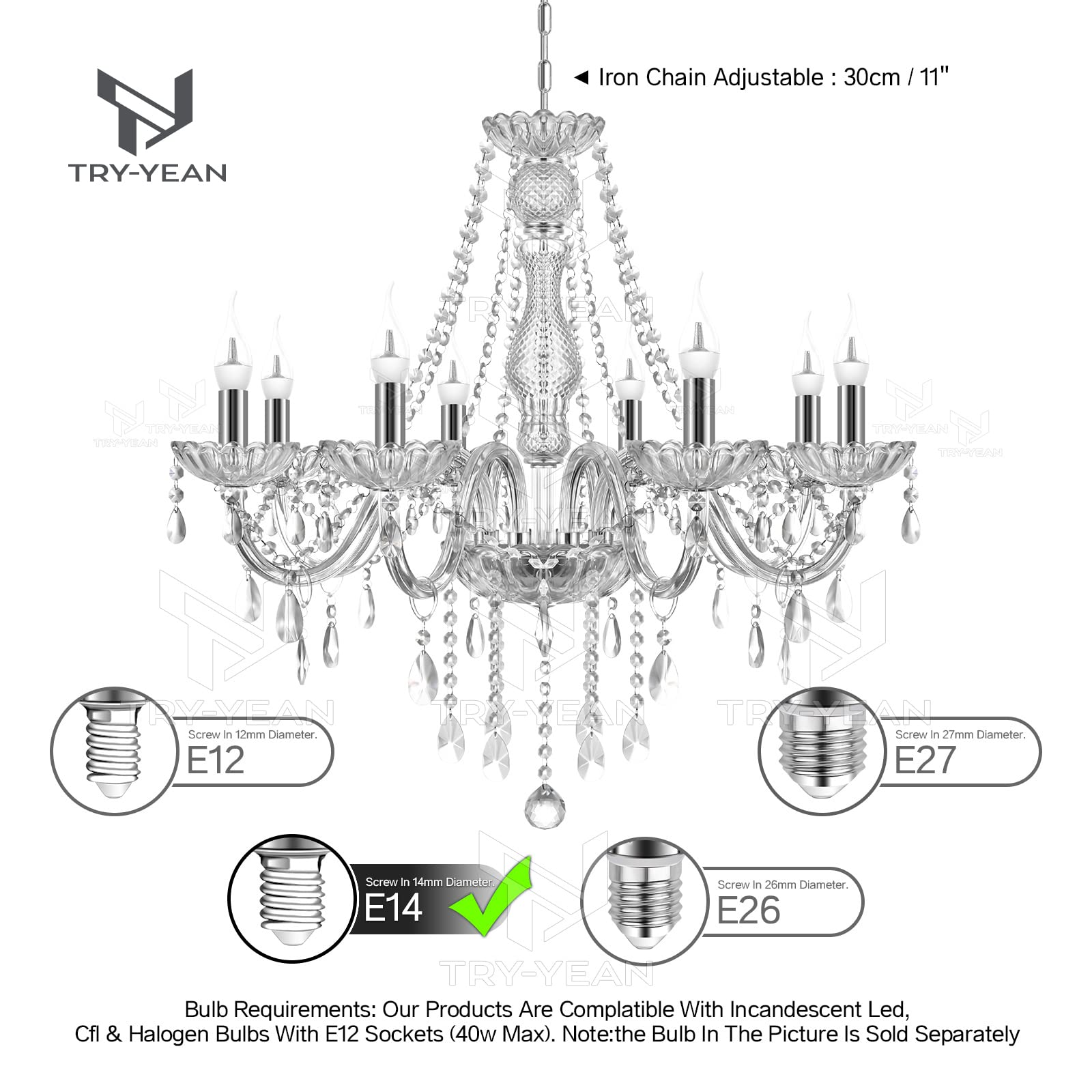Lussuoso Lampadario a 8 Bracci Lampadario in K5 Cristallo Trasparente Lampada a Sospensione E14 con Catena Regolabile Stile Candela per Camera da Letto, Soggiorno, Sala da Pranzo, Corridoio