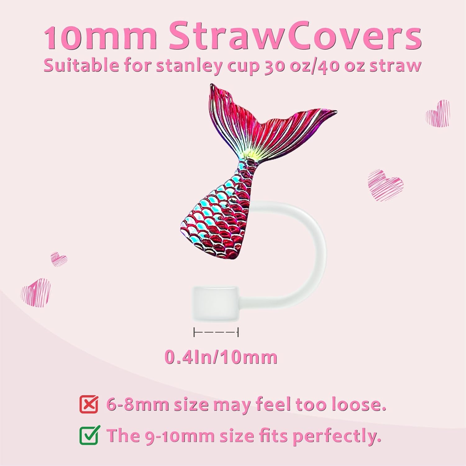 Summer Mermaid Straw Toppers for Stanley Cup,Sea Animal Silicone Straw Covers Cap for 30/40oz Tumblers & Water Bottles, Fits 10mm/0.4in Straws, 5Pack Reusable Cute Simple Modern Stopper Set - Image 2