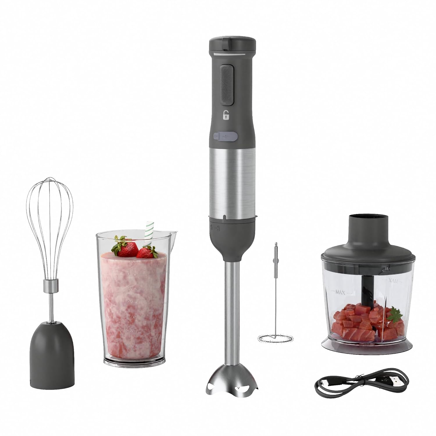 Cordless Immersion Hand Blender, 5-in-1 Variable Speed blender handheld,Rechargeable with 2000mAh Battery, BPA-Free & Dishwasher-Safe Accessories:700ml Beaker,Chopper,Whisk & Milk Frother,Grey image 1