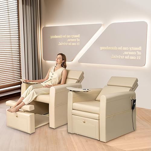 Miniatura 9 de OmySalon Silla de pedicura eléctrica con respaldo ajustable, portavasos movible y plataforma de almacenamiento oculta, estación de apoyo de piso
