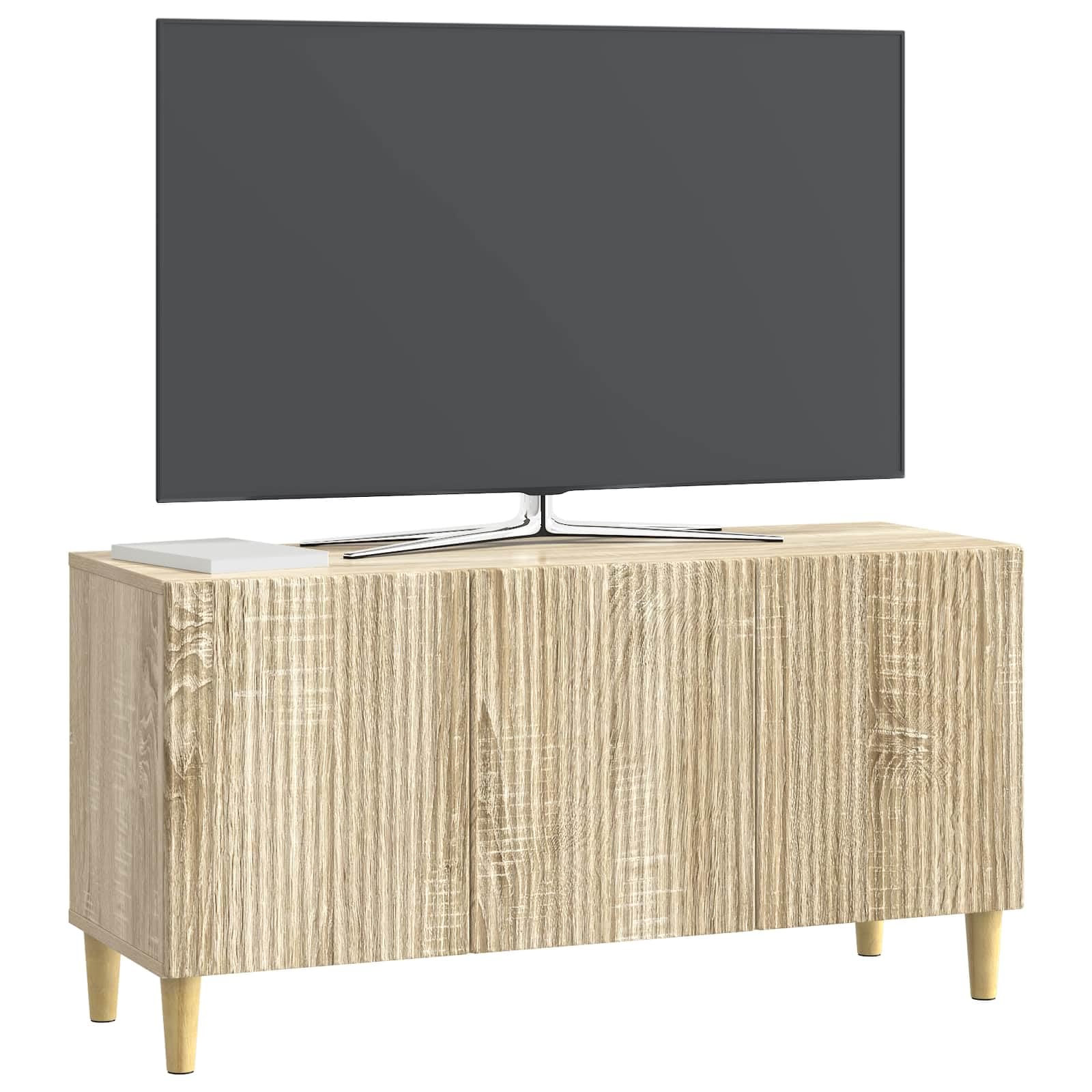 Mobile TV basso in rovere Sonoma, 99 x 34,5 x 50 cm, tavolino per TV in legno con 3 ante e gambe coniche, stile vintage, per soggiorno, portata fino a 60 kg