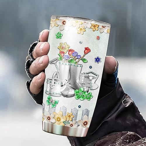 Vista 3 de WAZONE Vaso de jardinería personalizado con tapa, taza aislada de acero inoxidable, taza de viaje de 20 onzas, 30 onzas, regalos con nombre