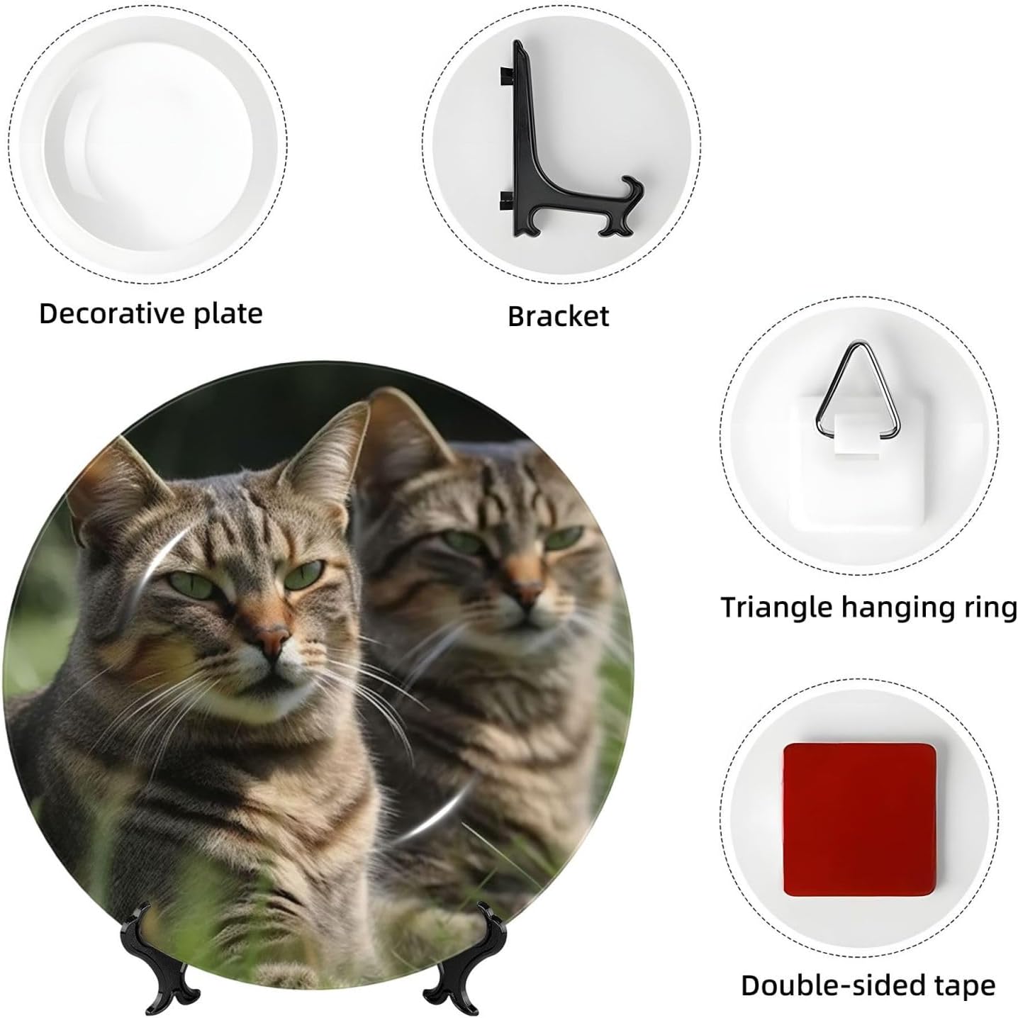 Bone China Decorative Plate with Display Two Cats on the Grass Ceramic Plates Crafts Art Decor Dessert Plate Ceramic Ornament Porcelain Plates for Living Room Kitchen Table Home Decor